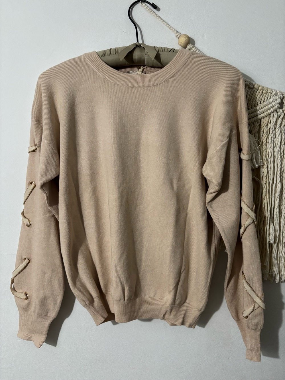 Hem & Thread Women's Crewneck Sweater with Lace-Up Sleeves in Light Taupe